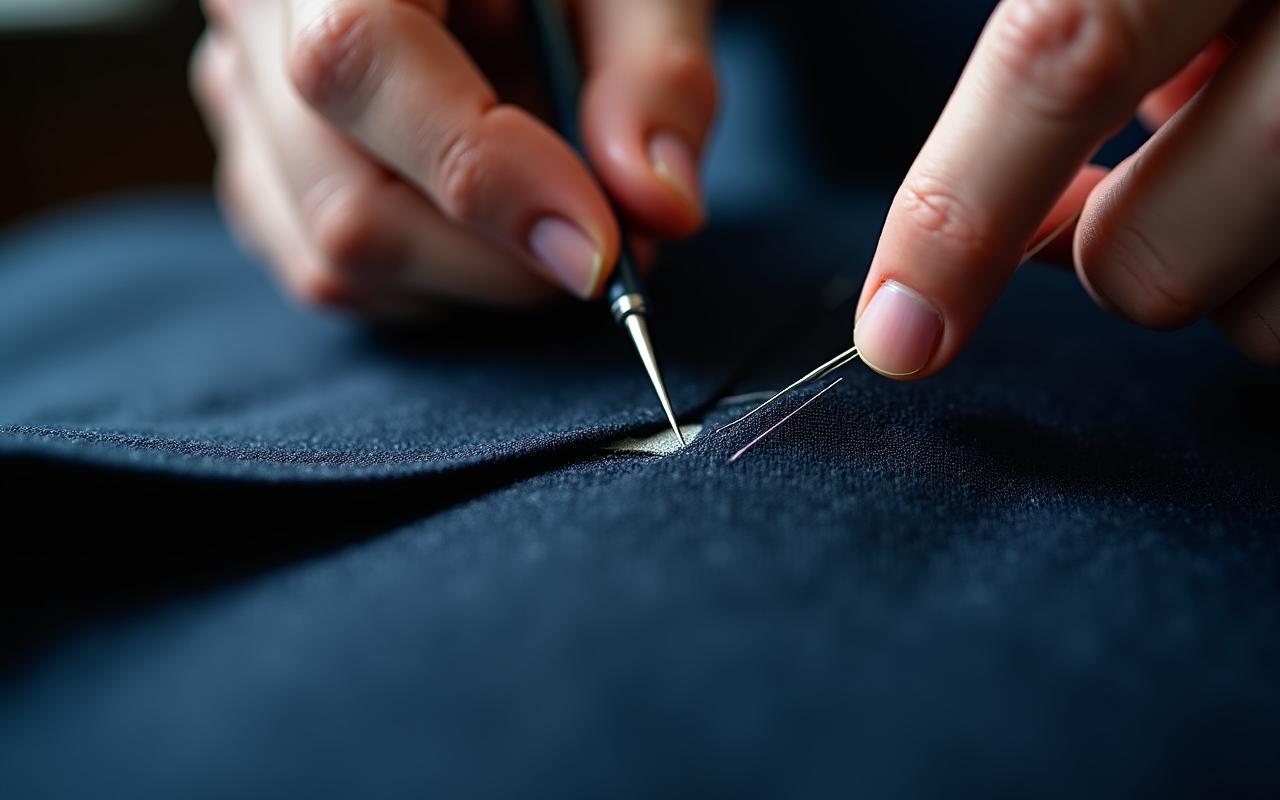 Close-up of luxury tailoring process with silk thread and fine needles