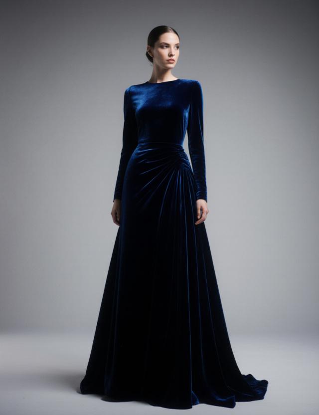 Structured floor-length dress with architectural pleats