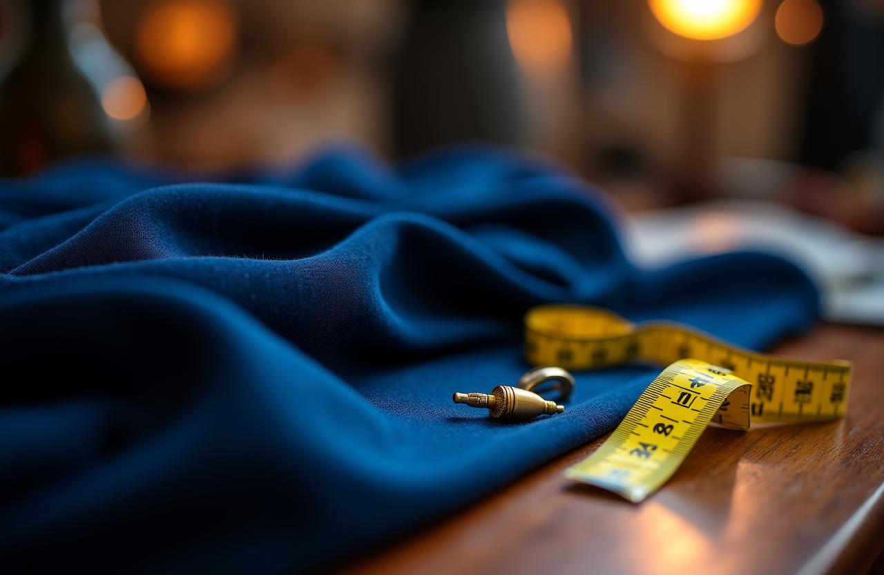 Close up of luxury velvet fabric and gold measuring tape in a designer studio