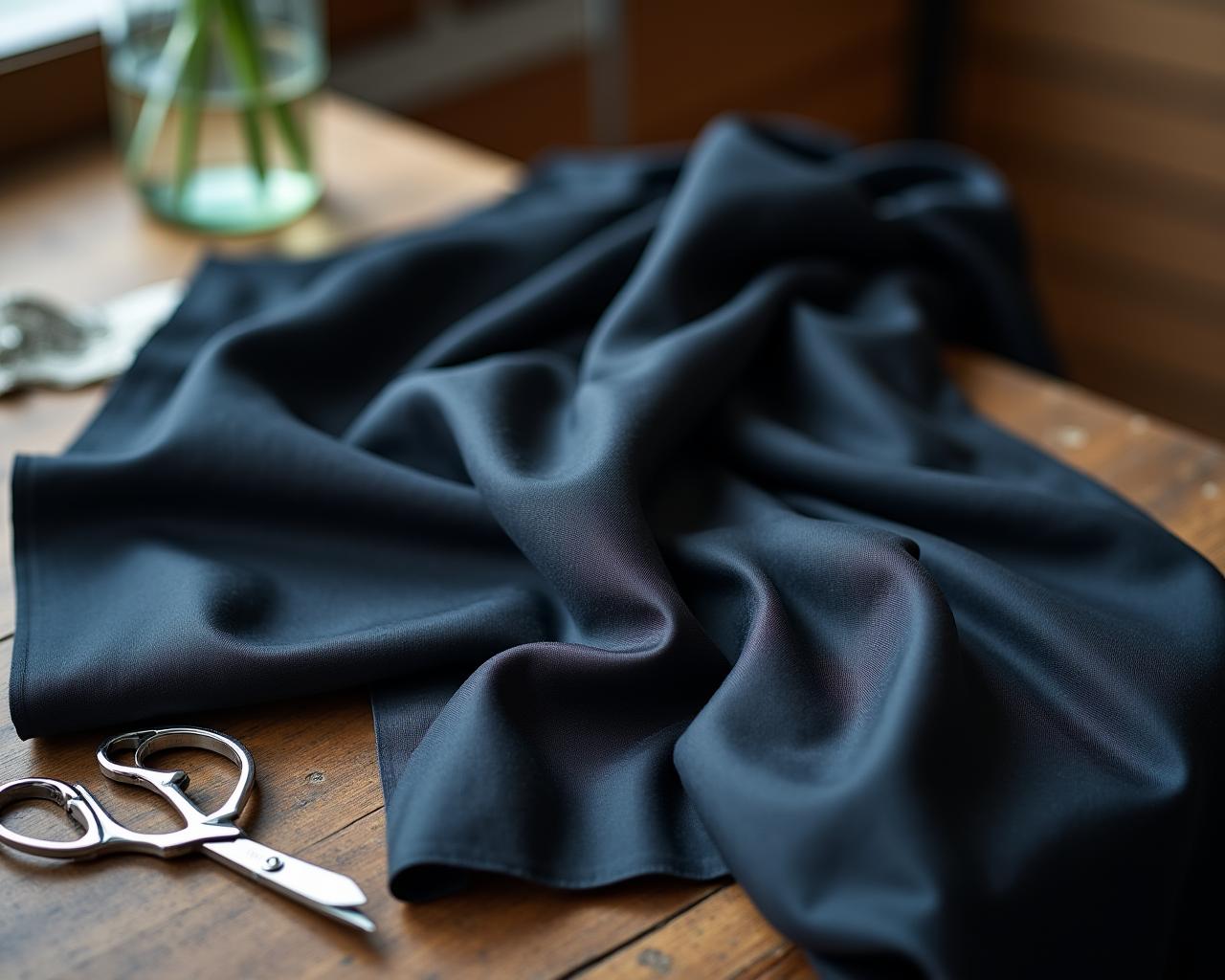 Close up of luxury silk fabric and tailoring tools